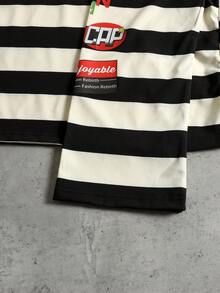 ROMWE MEN Street Life 男士休闲条纹字母印花长袖T恤 - 黑與白 - 查看 5