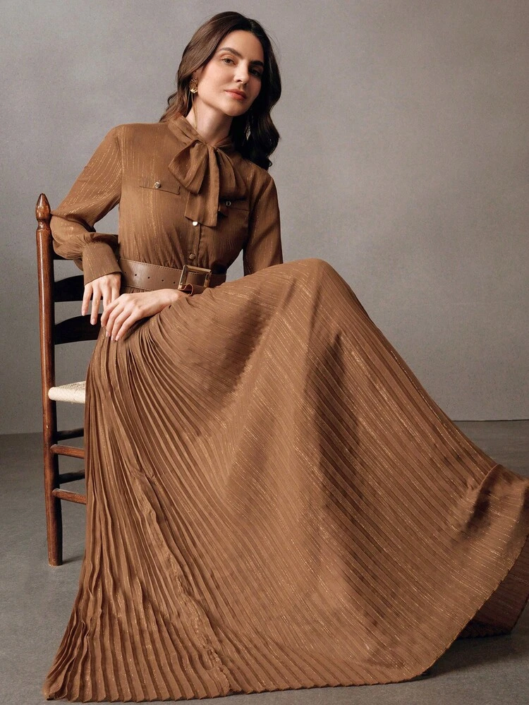 エレガントでロマンチックなプリーツフレアウエストロングスリーブリボンタイ付きラメブラウンカジュアルドレス(女性用)