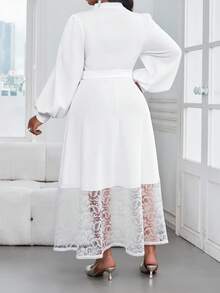 SHEIN Lady CURVE 大码优雅派对纯色蕾丝拼接灯笼袖连衣裙 - 白色 - 查看 3