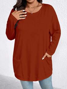 EMERY ROSE Camiseta casual holgada de manga larga con cuello redondo y hombros caídos en unicolor para mujer de talla grande - Naranja - Ver 4