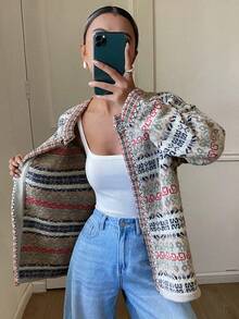 DAZY Women's Contrast Color Jacquard Loose Long Sleeve Round Neck Placket Elegant Formal Knit Cardigan, Autumn/Winter