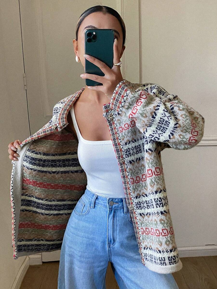 DAZY Women's Contrast Color Jacquard Loose Long Sleeve Round Neck Placket Elegant Formal Knit Cardigan, Autumn/Winter