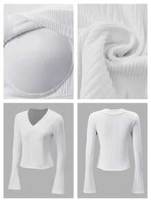 Nuvra Women's White Autumn Chic Workout T-Shirt,Solid Color V-Neck Textured Fabric Elegant Versatile Ribbed Long Sleeve Top With Built-In Bra Warm Shirt - White - View 12