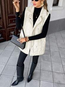 SHEIN Frenchy Áo khoác vest dáng rộng, hai hàng khuy trơn màu dành cho nữ, mùa đông - Màu be - Xem 6
