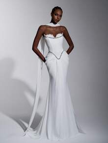 Elitara 优雅蕾丝拼接雪纺二合一心形领口美人鱼婚纱，带荷叶边拖尾 - 白色 - 查看 5