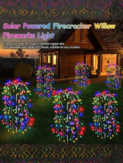 1PC Outdoor Solar Powered 120-200 LED Fireworks Light, Waterproof Firecracker Lawn Light, Solar Street Light, Outdoor Waterproof Garden Decoration Light, Christmas Ambient Ground Pile Light String, For Villa Yard, Path, Lawn, Party Decoration, Halloween And Christmas Gift, Auto Charge In Sun During The Day