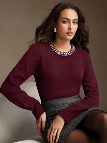 Anewsta Elegant Wool Blend Solid Color Fuzzy Knit Sweater With Crystal Diamond Collar, Autumn/Winter - Burgundy - View 3