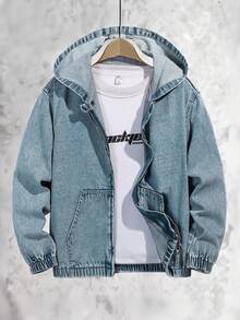 Vacaura 青少年男童复古中蓝色水洗美式高街连帽牛仔夹克，街头休闲外套，面料柔软舒适，适合休闲和户外活动。