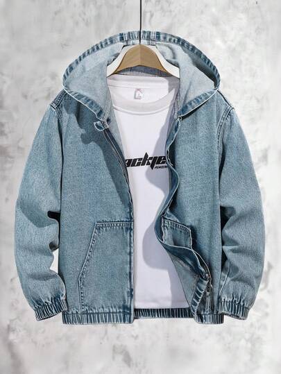 Vacaura 青少年男童复古中蓝色水洗美式高街连帽牛仔夹克，街头休闲外套，面料柔软舒适，适合休闲和户外活动。