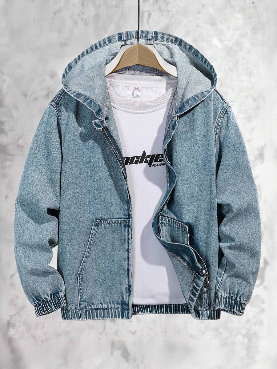 Vacaura 青少年男童复古中蓝色水洗美式高街连帽牛仔夹克，街头休闲外套，面料柔软舒适，适合休闲和户外活动。
