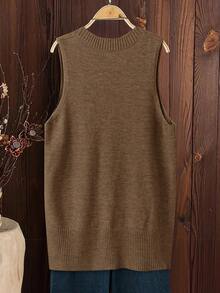 SHEIN LUNE 大码女式米色V领侧开衩高低摆宽松针织休闲舒适毛衣背心，秋冬款