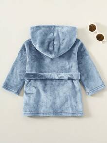 SHEIN Newborn Baby Boy Cute Fluffy Letter Pattern Blue Hooded Robe Sleepwear - Dusty Blue - View 2