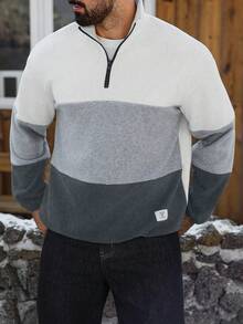Manfinity CasualCool 男士秋冬抓絨拼接立領半拉鍊套頭衛衣，毛絨面料，柔軟舒適，經典三色拼接男士四分之一拉鍊套頭上衣，橄欖球風長袖，適合老錢風、日常休閒、週末旅行、戶外活動、旅行探險、輕鬆工作環境或半正式場合，男友/丈夫禮物，週年禮物，聖誕節 - 彩色 - 查看 3