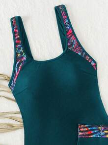 Swim Lushoire Graphic Print Scoop Neck Crop Top And Shorts 2-Piece Tankini Set - Dark Green - View 5