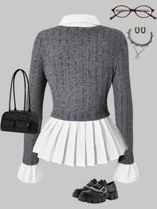 SHEIN ChillGRL 少女休闲日常通勤撞色灯芯绒长袖衬衫，适合秋冬季穿着 - 深灰色 - 查看 2