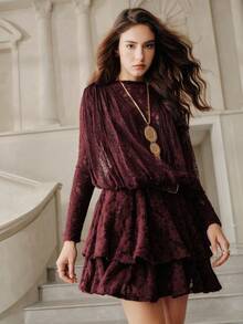 Anewsta Savoree Fashionable Lace Hollow Out Fitted Knit Dress, Elegant Party Dress, Loose Short Style Suitable For Christmas, Thanksgiving Outfit - Burgundy - View 6