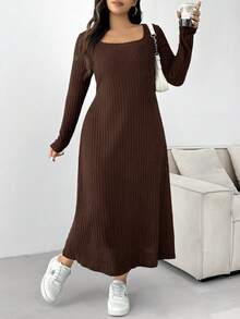 SHEIN EZwear 大码女士休闲罗纹棕色中长连衣裙 - 棕色 - 查看 3