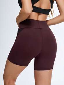 Gameset SHEIN Sport Damen Überlappende Taille Farbblock Yoga Shorts - Bordeaux - Übersicht 2
