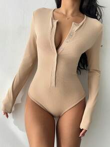 FavEase Women's Autumn/Winter Comfortable Fitted Metal Button Ribbed Knit Bodysuit - Apricot - View 4