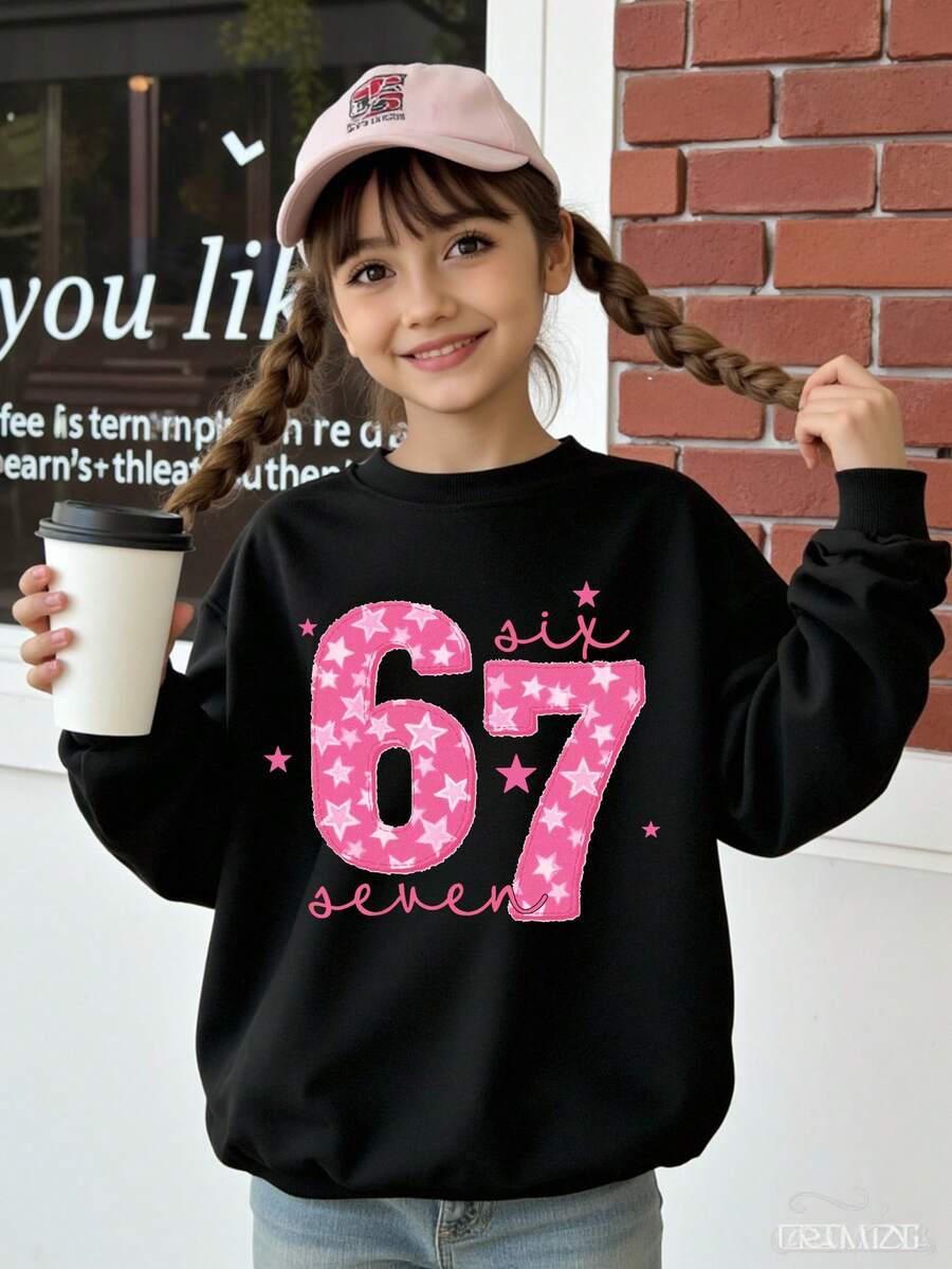 SHEIN 少女秋冬休闲时尚创意个性清新简约别致67粉色星星字母标语印花舒适圆领卫衣，秋冬穿着舒适 - 黑色 - 查看 1