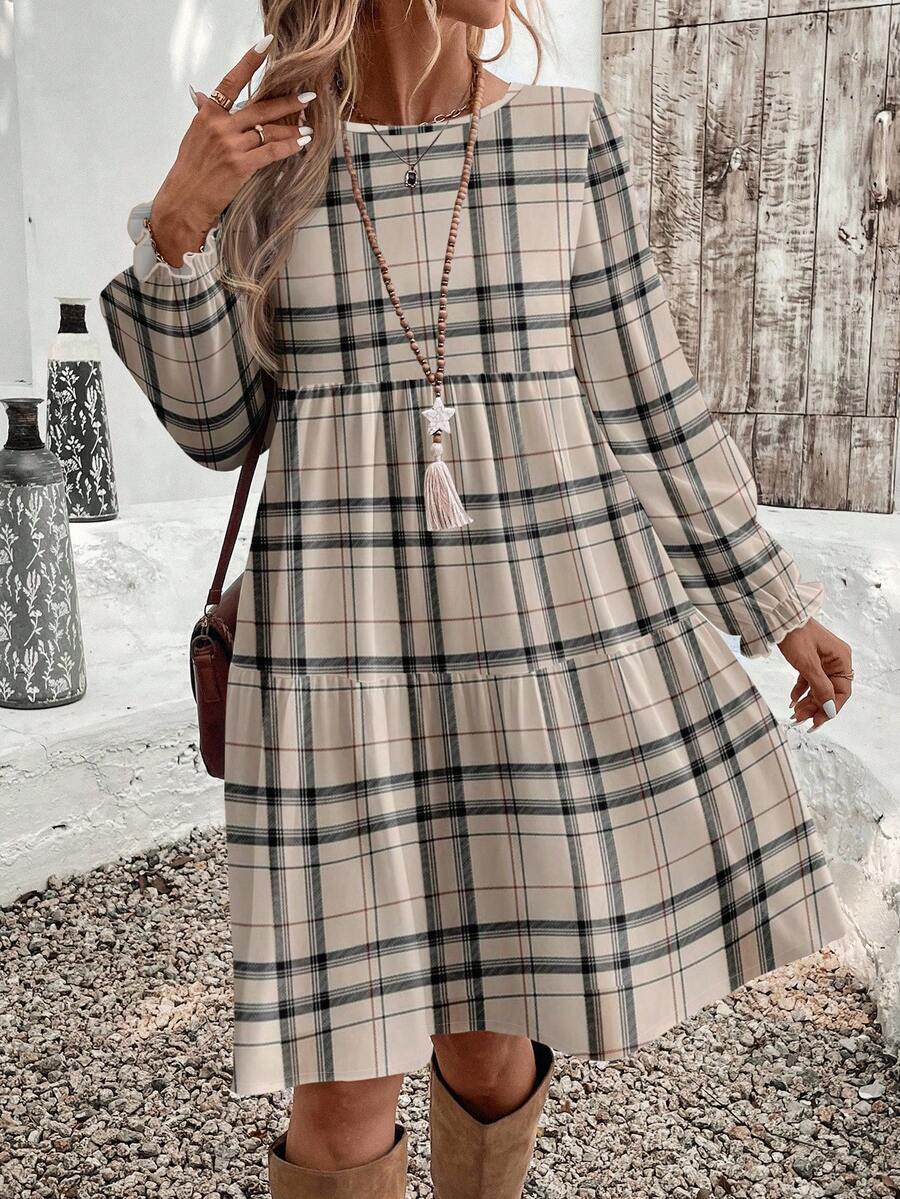 EMERY ROSE Đầm nữ dáng lửng thanh lịch, kiểu dáng retro, họa tiết kẻ caro, thích hợp cho đi chơi, đi làm, hẹn hò và dự tiệc, mùa thu/đông. Đầm kẻ caro nữ, đầm kẻ caro tay dài, đầm tay dài kẻ caro nữ, đầm mùa xuân. - Nhiều màu - Xem 1