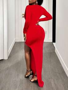 BamGleam 高开衩垂坠设计长袖连衣裙，修身剪裁 - 紅色 - 查看 2