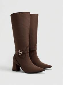 CUCCOO BIZCHIC Botas altas hasta la rodilla con puntera puntiaguda y decoración metálica de moda con tacón alto, aptas para uso diario - Café integral - Ver 7