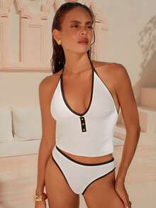 Swim Chiccia 女士夏季沙滩流苏吊带性感坦克背心套装 - 黑與白 - 查看 5