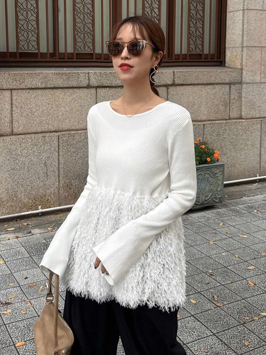 FRIFUL 女士纯白色圆领长袖喇叭袖口毛绒修身毛衣，秋冬款 - 米色 - 查看 1