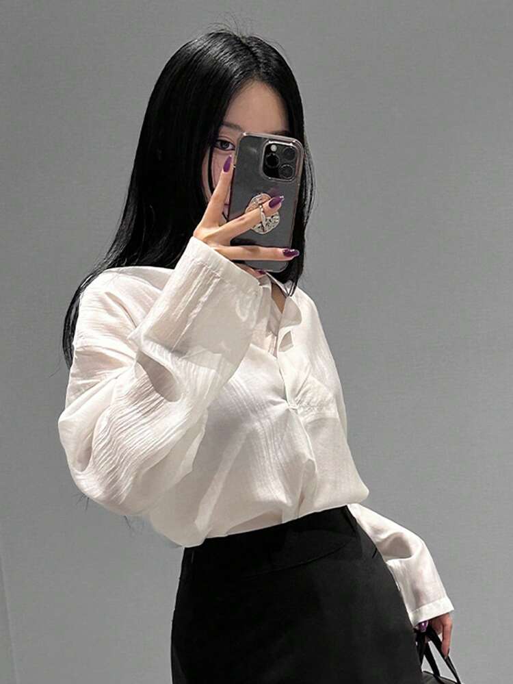 Women's Elegant Loose Fit Draped Neck Long Sleeve Chiffon Blouse, Versatile