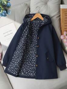 Sparklyn Girls' Casual Fashion Woven Solid Color Long Sleeve Hooded Single-Breasted Decorative Pocket Fully Allover Print Floral Lining Korean Style Versatile Jacket - Navy Blue - View 3