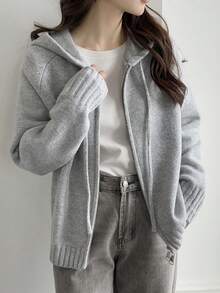 DAZY Cardigã feminino de cor sólida com mangas raglan, casual e confortável, com capuz, cordão e fecho de zíper. - Cinza - Ver 5