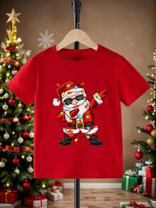 小男孩聖誕節 Dabbing 聖誕老人 T-shirt，卡通彩色燈光圖案基礎短袖上衣，夏季家庭套裝派對服飾 - 紅色 - 查看 3