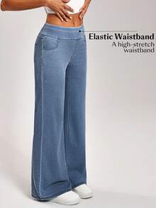 SHEIN PETITE Women's Casual Loose Straight-Leg Jeans Stretchy Jeans For Women Pants Flare Leg - Blue - View 8