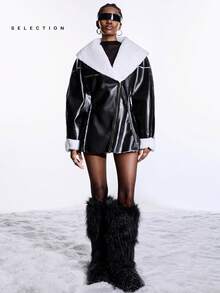 LYSMO Jachetă de damă din piele PU și blană artificială, stil Street Fashion, model patchwork, stil obișnuit - Alb-negru - Vizualizare 8