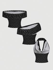 SHEIN MOD 波点网眼百搭女士复古风吊带衫 - 黑色 - 查看 2