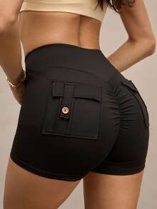 Activina 纯色高腰无缝修身运动短裤 - 黑色 - 查看 9