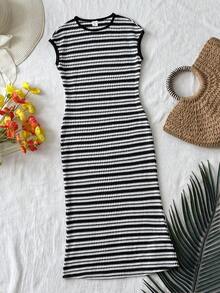 Travachic KIDS 青少年女孩休闲优雅针织条纹短袖中长连衣裙 - 白色 - 查看 4