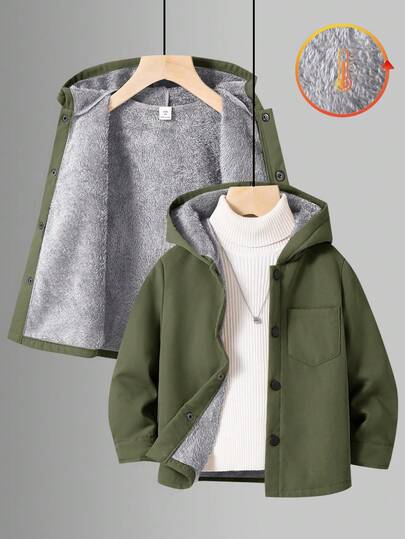 SHEIN 男童休闲日常百搭舒适保暖连帽拉链加厚梭织外套，适合上学、花园、海滩、生日、春、夏、秋、冬等各种场合。