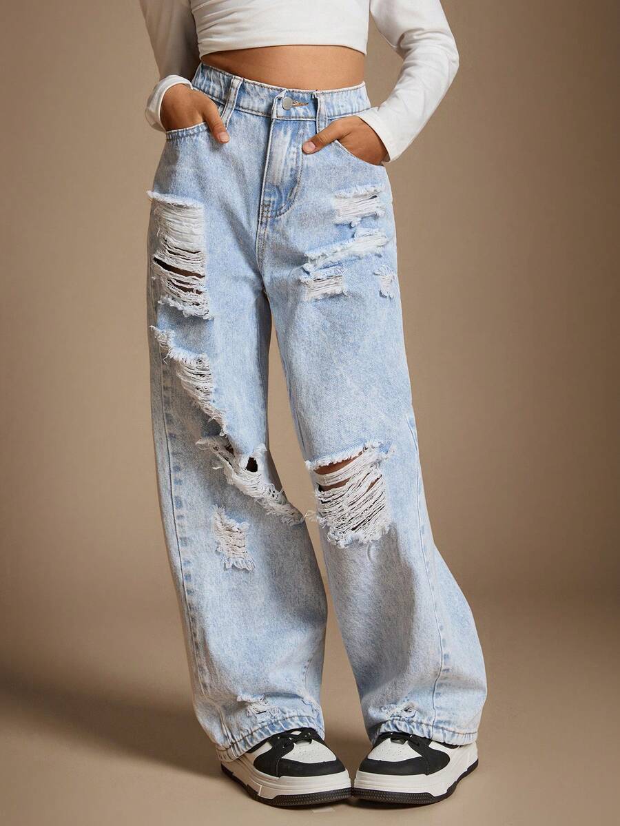 Radiana Tween Girls Fashion Casual Y2k Vintage Cool Comfortable Cut Out Ripped Frayed Design Blue Loose Jeans For Tween Girl Clothes Girls Costume Dailywear And Tween Girl Fall And Autumn Or Winter Clothes Back To School Homecoming Rave Outfits Festival And Beach Outfits Streetwear School Clothes Teen Girl Jean Outfit Wide Leg Jeans - Blue - View 1