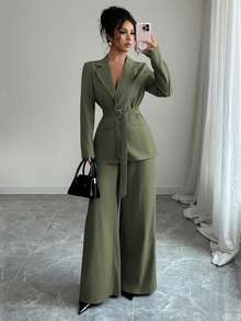 Elenzga Bộ vest quần ống rộng ống đứng dáng rộng thời trang xuân/thu 2025 thanh lịch, giản dị, đi làm/đi chơi, thắt lưng kim loại, tay dài - xanh quân đội - Xem 6