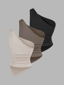 Sweetra Women's Solid Color Minimalist Asymmetric Collar Top With Metal Buckle - Multicolor - View 2