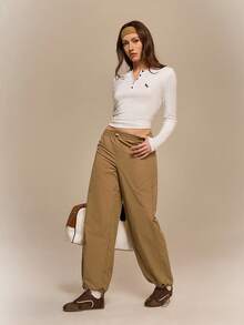 Hanevo Celana Jogger Wanita Kasual Olahraga dengan Pinggang Elastis dan Tali Serut - Mocha Brown - View 3