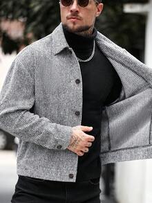 Manfinity CasualCool 男士休闲单排扣长袖大衣，秋冬灰色条纹大衣 - 黑色 - 查看 8