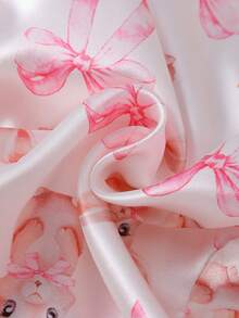 女婴粉色蝴蝶结兔子印花仿丝滚边撞色长袖开衫和裤子休闲家居服套装