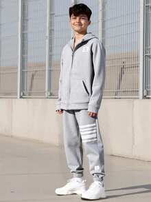 Vacaura Set de 2 piezas de ropa deportiva casual para niños preadolescentes: chaqueta con capucha con cremallera y pantalones con cordón para primavera/otoño - Gris - Ver 1