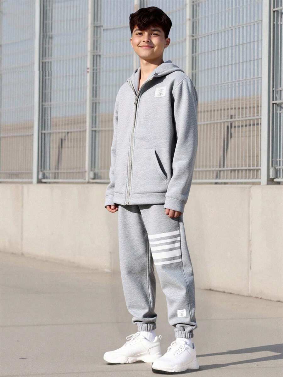 Vacaura Set de 2 piezas de ropa deportiva casual para niños preadolescentes: chaqueta con capucha con cremallera y pantalones con cordón para primavera/otoño - Gris - Ver 1