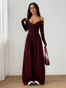 Flirla Bộ đồ liền thân buộc dây màu trơn gợi cảm thời trang dành cho nữ - Màu Đỏ Sâu - Xem 4