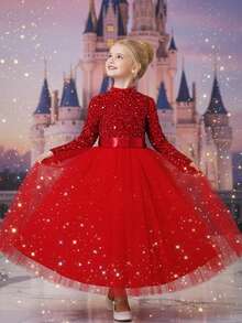 SHEIN Girls Knitted Stand Collar Sequin Contrast Mesh Princess Dress, Girls Party Dress, Mesh Dress, Red, Christmas, Girls Dress - Red - View 1