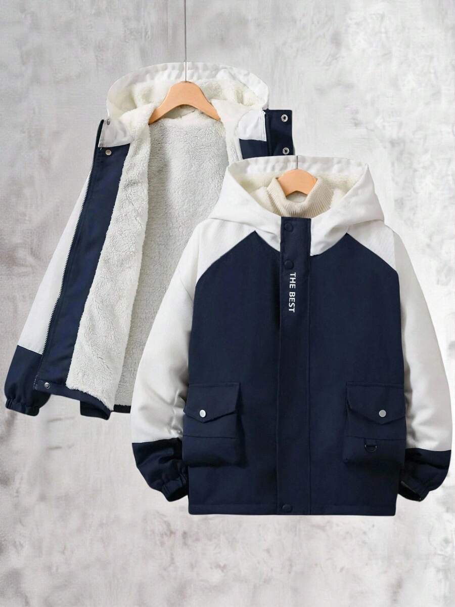 Vacaura 1件青少年男童秋冬季保暖内衬工装口袋撞色袖户外休闲防风夹克 - 藏蓝色 - 查看 1